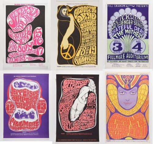 Lot of 6 Grateful Dead BG Wes Wilson Fillmore Reprint Posters