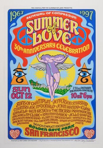 1997 30th Anniversary Summer of Love Golden Gate Park Signed Grimshaw Poster Near Mint 81