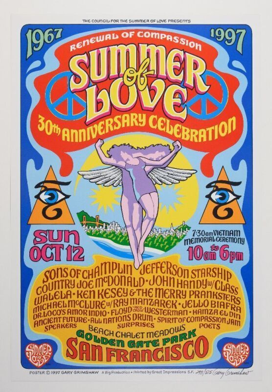 1997 30th Anniversary Summer of Love Golden Gate Park Signed Grimshaw Poster Near Mint 81