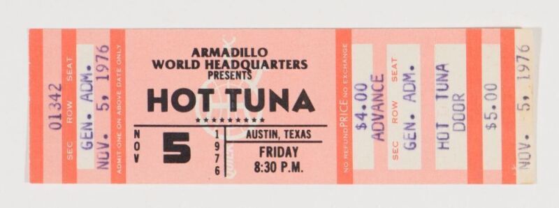 1976 Hot Tuna Armadillo World Headquarters Ticket Stub