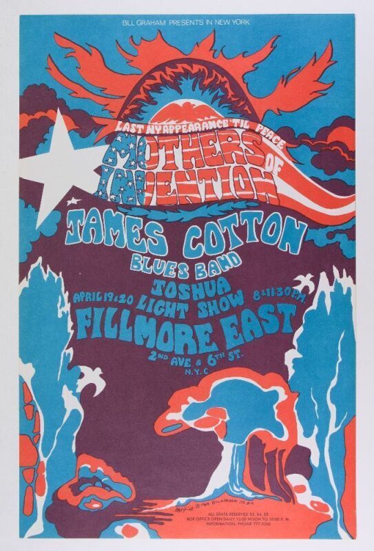 1968 FE-4 Frank Zappa and The Mothers James Cotton Fillmore East Poster Mint 91