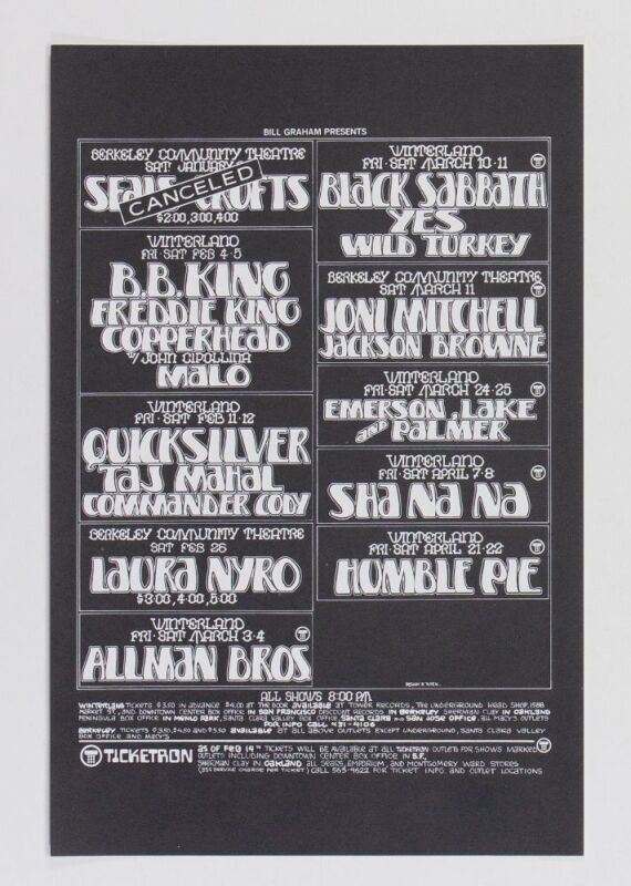 1972 Allman Brothers Black Sabbath B.B. King Bill Graham Presents Calendar Flyer