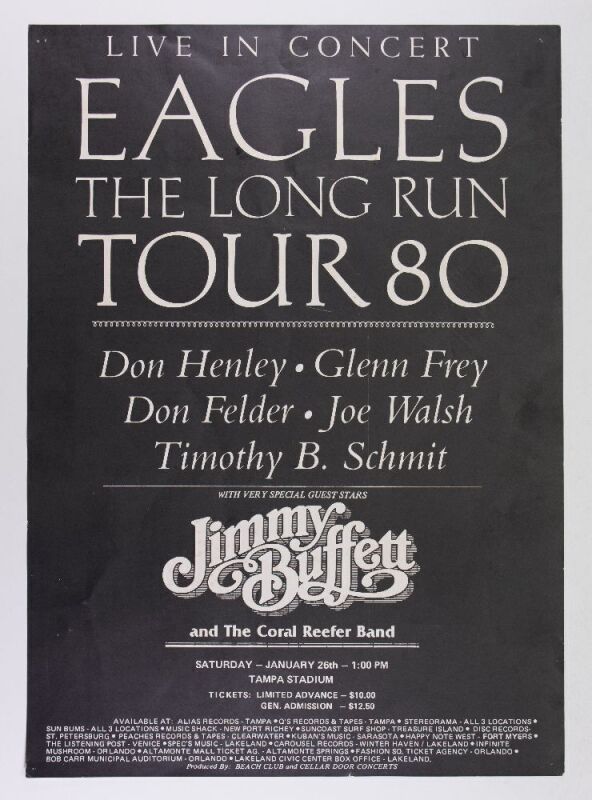 1980 The Eagles Jimmy Buffett The Long Run Tour Poster Excellent 71
