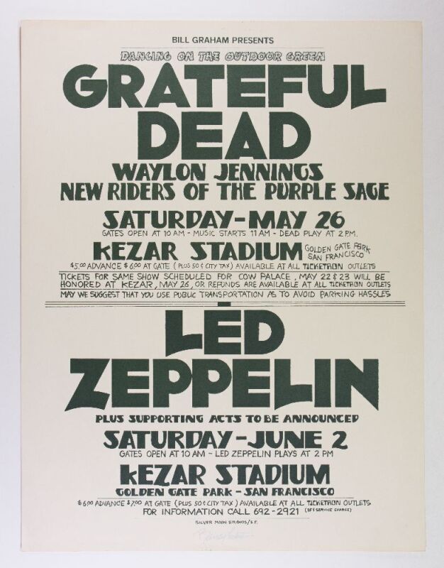 1973 Grateful Dead Led Zeppelin Kezar Stadium Signed Tuten Poster Excellent 71