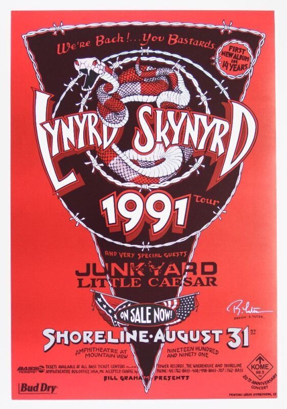 1991 Lynyrd Skynyrd Shoreline Amphitheater Signed Tuten Poster Near Mint 87