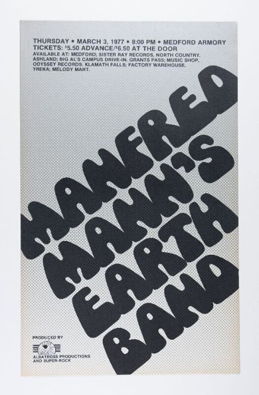 1977 Manfred Mann's Earth Band Medford Armory Cardboard Poster Mint 91