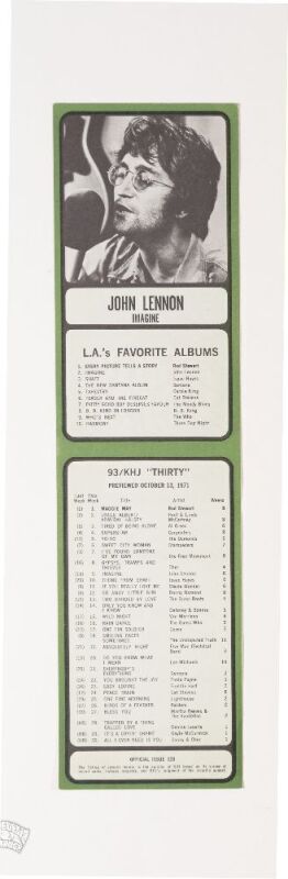 1971 John Lennon Imagine Los Angeles 93/KHJ AM Radio Survey Near Mint 89