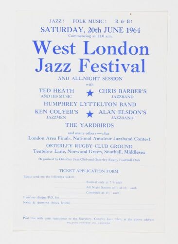 1964 The Yardbirds Eric Clapton West London Jazz Festival Ticket Order Form Handbill Excellent 71