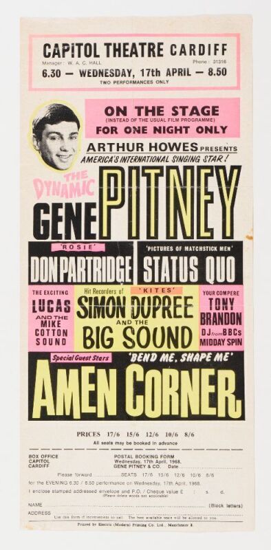 1968 Gene Pitney Capitol Theatre Cardiff Ticket Order Form Handbill Fine 55