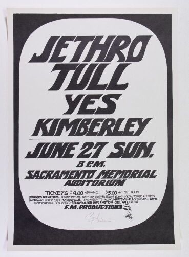 1971 Jethro Tull Yes Sacramento Memorial Auditorium Signed Tuten Poster Mint 91