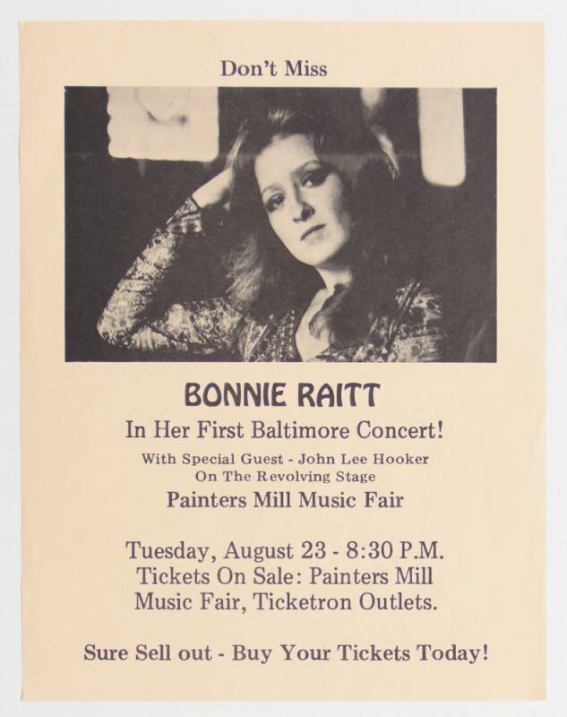 1977 Bonnie Raitt John Lee Hooker Painter's Mill Music Fair Owings Mills Baltimore Flyer Excellent 79