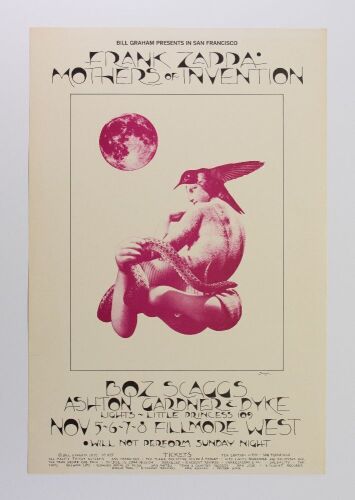 1970 BG-255 Frank Zappa & Mothers of Invention Boz Scaggs Fillmore West Poster Excellent 75