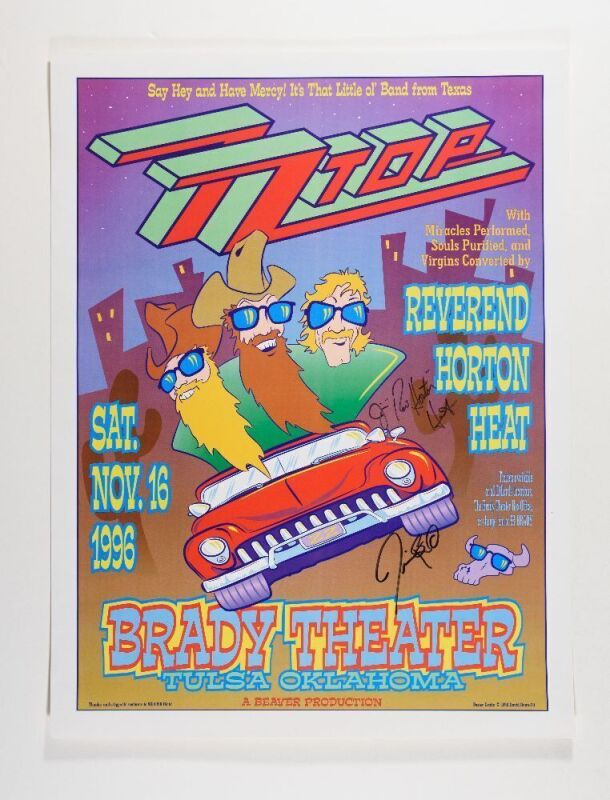1996 ZZ Top Reverend Horton Heat Brady Theater Tulsa Signed Rev Horton Poster Near Mint 83
