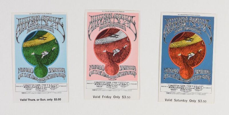 1969 BG-171 Jefferson Airplane Grateful Dead Fillmore West & Winterland Complete Set of 3 Original Tickets Near Mint 89