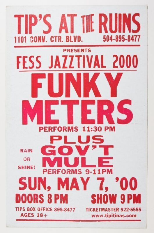 2000 The Funky Meters Gov't Mule Tip's At The Ruins New Orleans Cardboard Poster Excellent 73