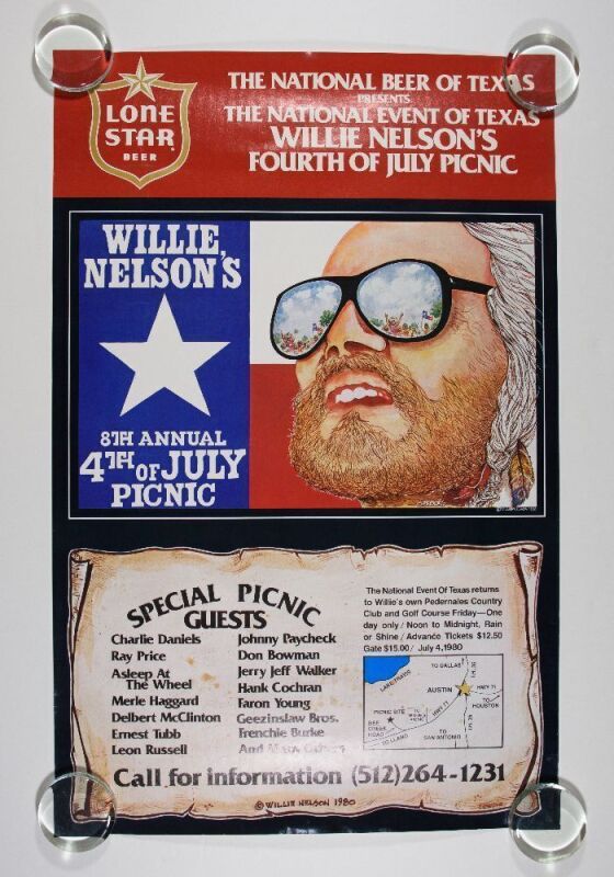 1980 Willie Nelson July 4th Picnic Pedernales Club Poster Near Mint 87